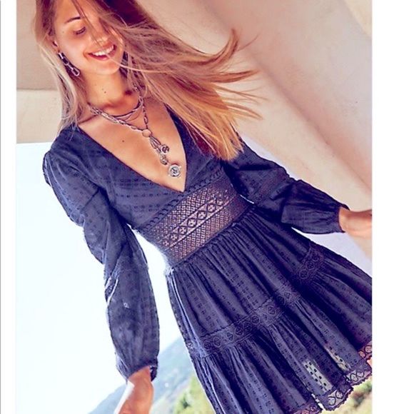 Free People Dresses & Skirts - Free People Delightful Blue Eyelet Navy Mini Dress